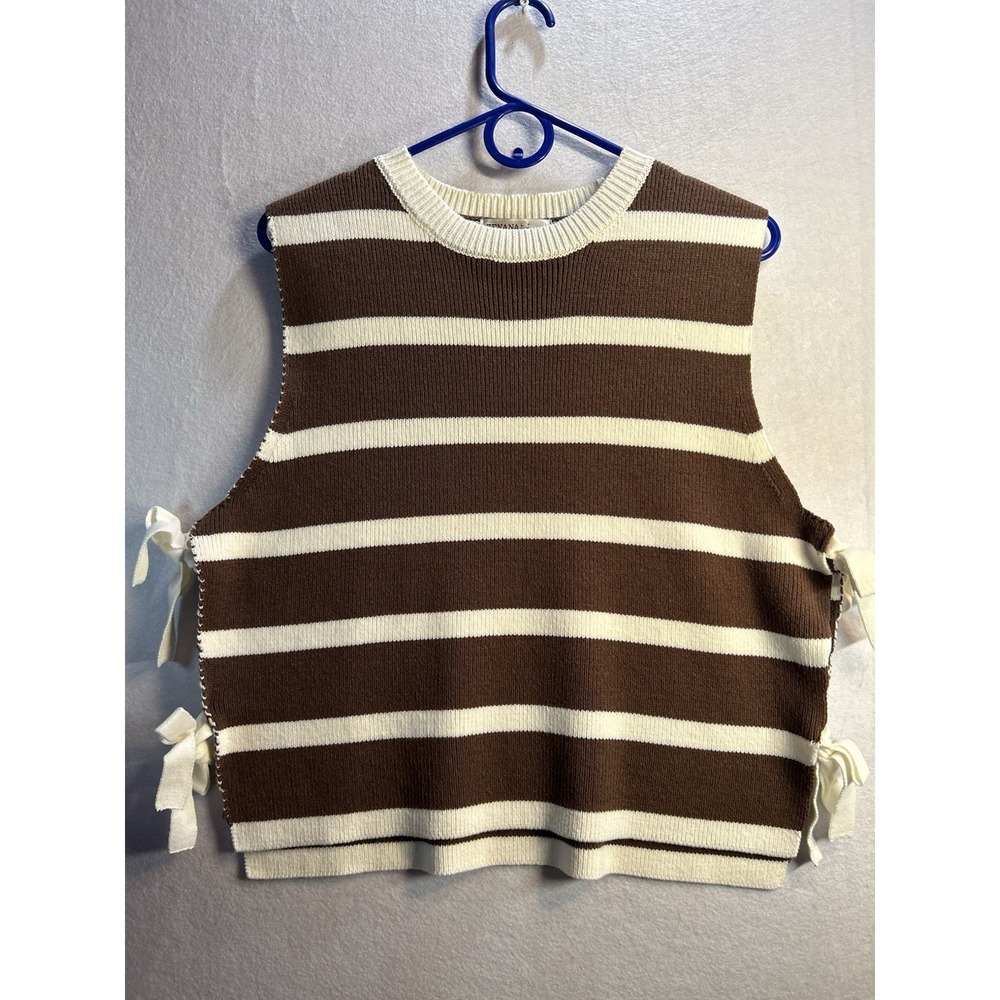Zenana Womens Striped Knit Sleeveless Crewneck Bow Sweater Vest Brown/White L‎